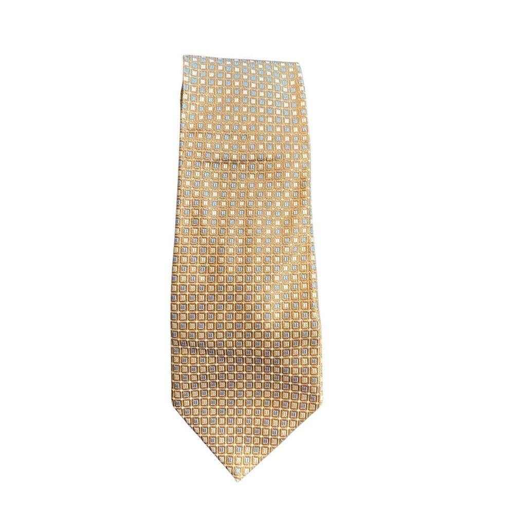 Frank Stella vintage men’s black print, tan blue and white silk tie, 57.